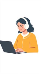 A hearing officer conducting a virtual meeting, wearing headphones and looking at a laptop, light solid color background