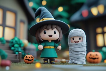 Cute Halloween Witch and Mummy in Spooky Neighborhood