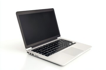 Modern Laptop Computer with Blank Screen for Design Mockup - A sleek, silver laptop with a black screen, isolated on a white background. It symbolizes technology, connectivity, productivity, and digit