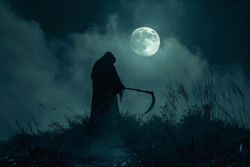 Naklejka premium A person is standing in a field with a large moon in the background