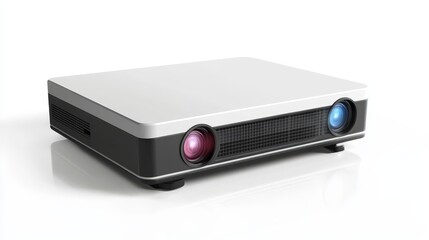 Naklejka premium Modern Projector for Presentations, Movies, and Gaming - A sleek, modern projector with two lenses, perfect for presentations, movie nights, and gaming. The device is on a white background, ready for