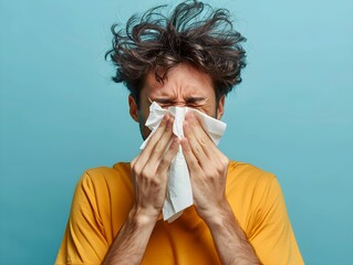 Young man with messy hair experiencing allergies while blowing his nose against a blue background