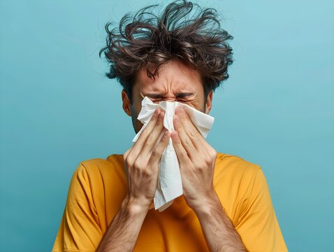 Young man with messy hair experiencing allergies while blowing his nose against a blue background