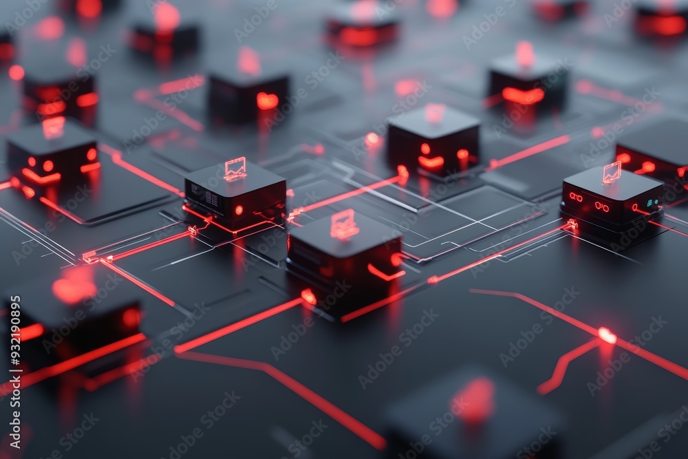 Poster network connectivity and data flow with red led lights - a futuristic network of interconnected serv