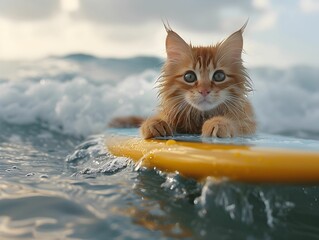 A cat surfing on a colorful board in the ocean during a sunny day