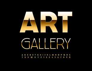 Vector premium logo Art Gallery with shiny Gold Font. Elegant chic Alphabet Letters and Numbers set