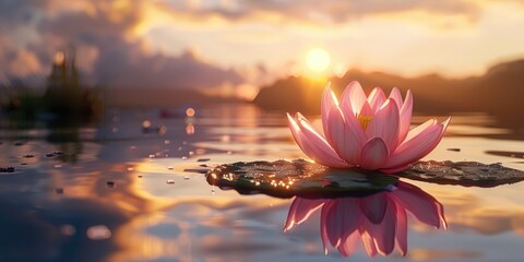 A single pink lotus flower floating peacefully in a calm lake, surrounded by its reflection, with the warm sunset casting a serene glow on the water.