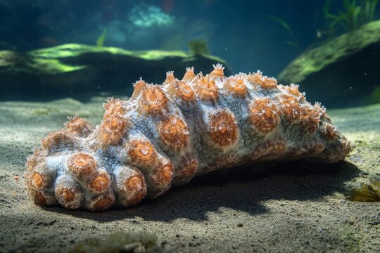Sea Cucumber Close-Up in Underwater Habitat - A sea cucumber with a bumpy, textured skin rests on the sandy seabed, showcasing its unique and fascinating form. The image highlights the sea cucumber's 