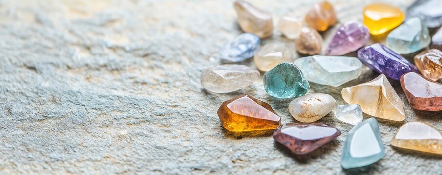 Raw, unpolished gemstones scattered on a rough stone surface, showcasing their wild, authentic beauty