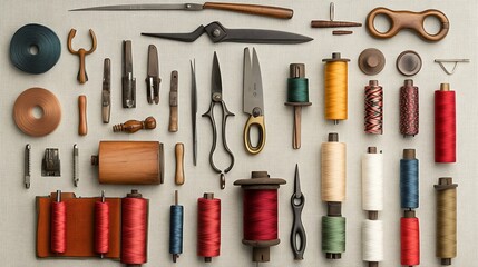 A flat lay of various sewing tools and thread spools arranged on a light grey background.