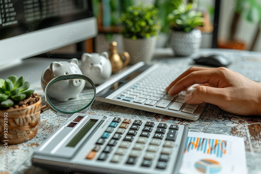 Poster a person is typing on a keyboard in front of a calculator and a potted plant