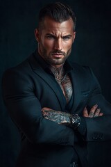 Photograph of a muscular man with a handsome face, confident posture, serious expression, wearing a black suit with the collar of his shirt open to reveal tattoos on his chest and arms, 