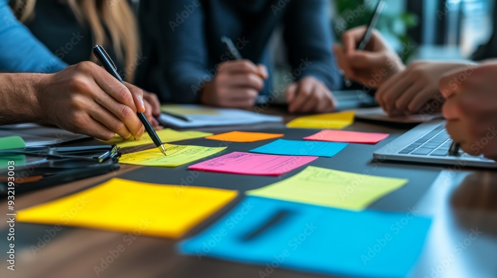 Poster team brainstorming and collaboration with sticky notes - a team of professionals working together, u