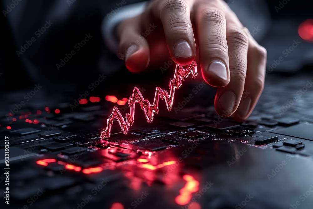 Poster A close-up of a hand analyzing financial data with glowing charts on a keyboard, symbolizing market trends and growth.