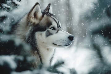 Naklejka premium Husky dog in snowy forest, sharp gaze amidst falling flakes