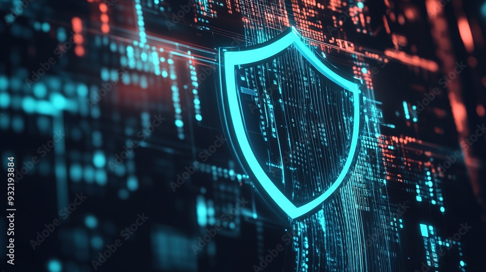 Aufkleber digital shield icon over a vibrant cyber background with data patterns representing online security