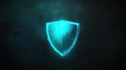 Fototapeta premium Glowing blue shield emblem on a dark background with a mystical effect