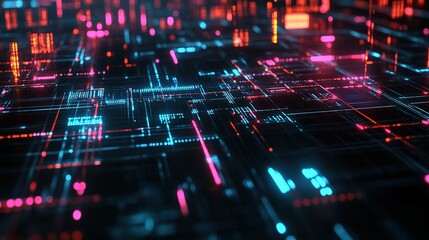 Fototapeta premium Abstract digital grid with vivid reflections and neon colors in a futuristic design