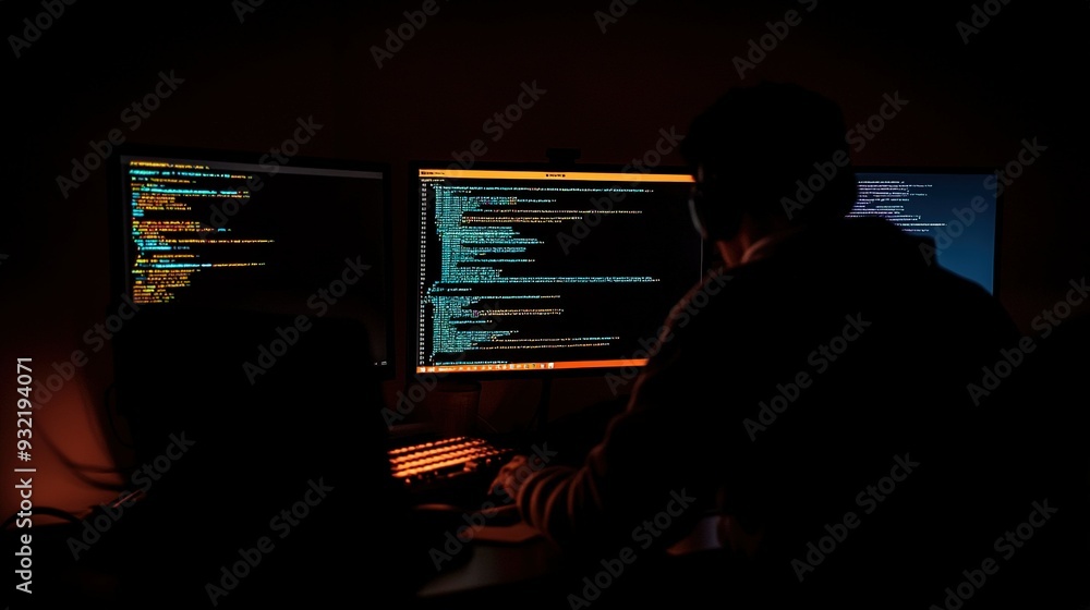 Poster programmer working late at night on multiple screens displaying code in a dimly lit room