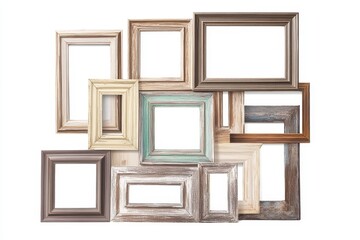 Vintage Picture Frames Arrangement on White Background - A collection of vintage picture frames arranged in a random, overlapping pattern, symbolizing memories, time, creativity,  and the art of frami