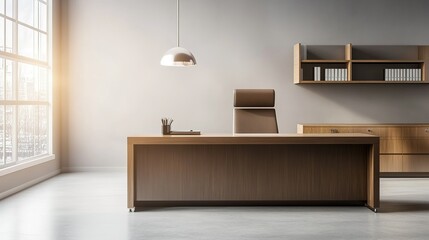 Modern office interior featuring wooden desk and stylish lighting during the afternoon