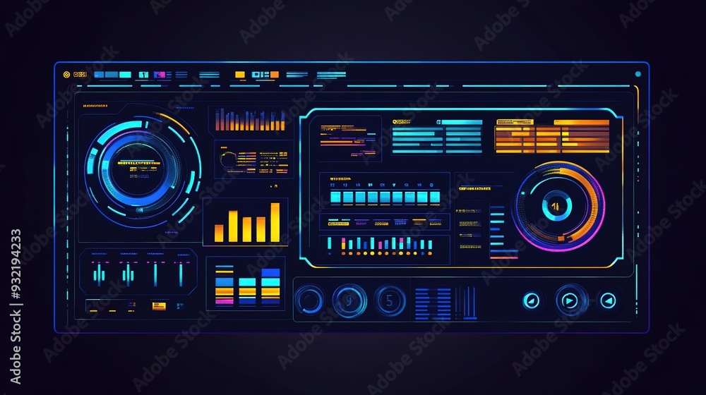 Poster futuristic digital dashboard displaying various analytical metrics and data visualizations