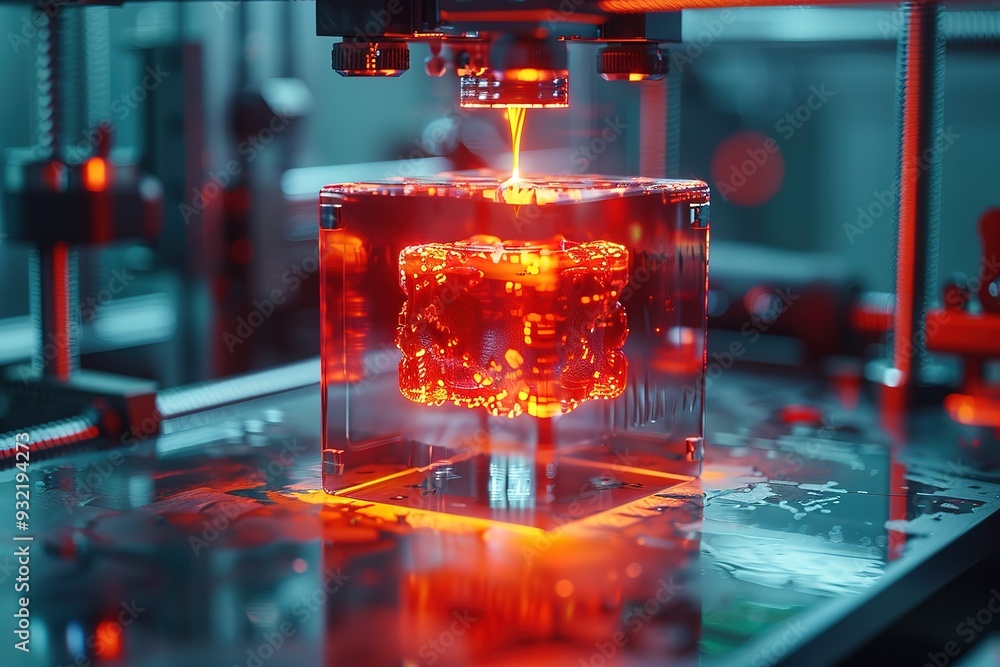 Poster a cube is being formed in a machine, with a red glow emanating from it