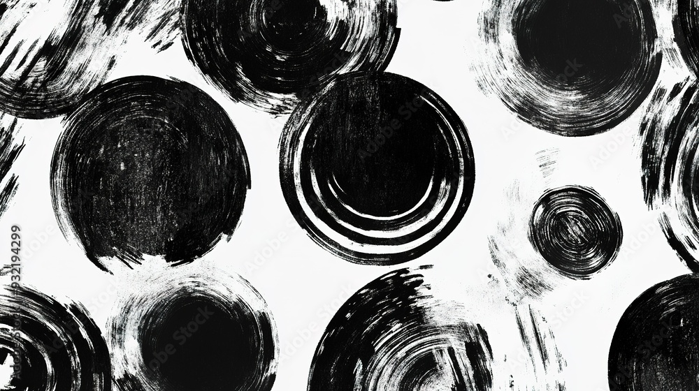 Poster abstract black and white circular patterns on a light background created with brush strokes