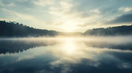 Fototapeta premium Early morning mist over a calm lake surrounded by trees at sunrise