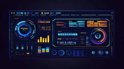 Obraz premium Futuristic digital dashboard displaying various analytical metrics and data visualizations