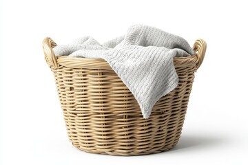 Obraz premium Wicker Laundry Basket with White Towel - Natural Home Decor - A wicker laundry basket filled with a white towel, symbolizing cleanliness, order, home, organization, and domesticity.