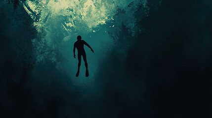 A diver exploring deep underwater caves in a dark ocean environment during twilight hours