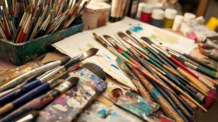 Obraz premium Artistic workspace filled with paintbrushes, palettes, and colorful paints in a creative studio setting