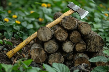 A pile of wood with a yellow axe on top