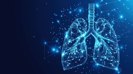 Digital representation of a human lung with glowing connections against a dark blue background