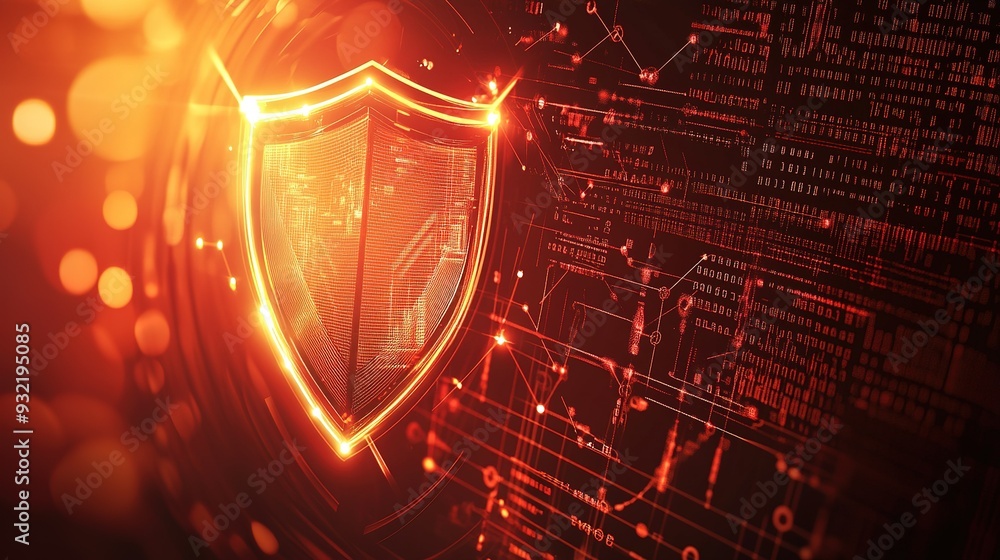Poster digital shield against cyber threats with glowing lines and data patterns
