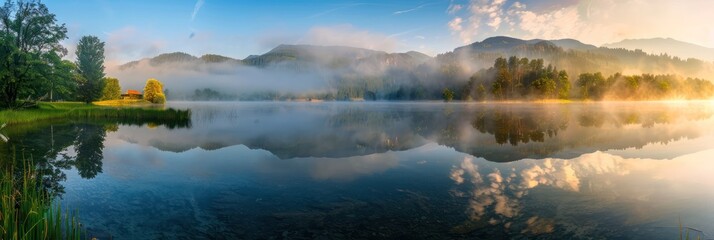 Serene Morning Mist Over a Tranquil Lake