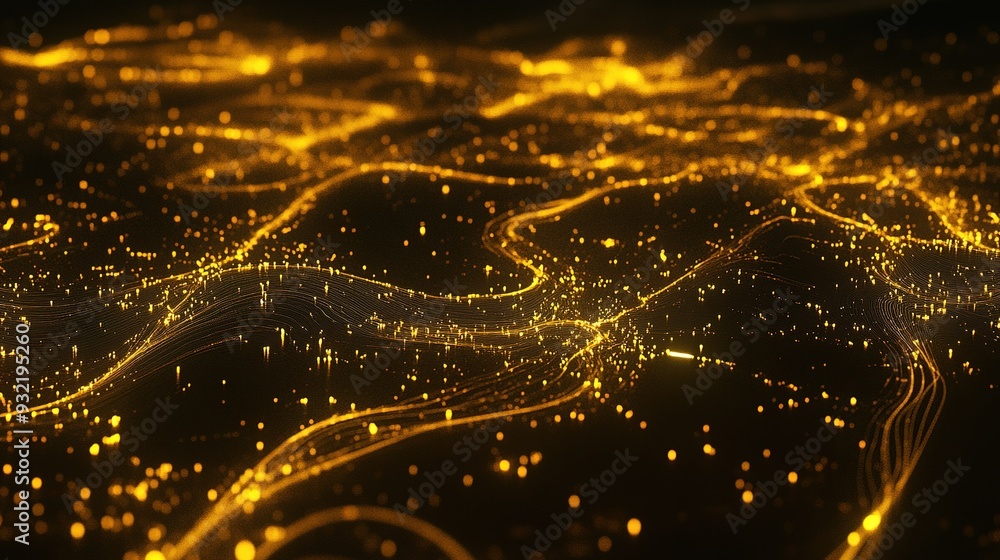 Poster abstract golden glowing lines and dots on a dark background illustrating a network or data flow at n