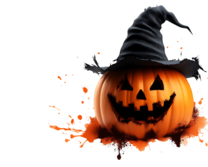 A grinning jack-o'-lantern wearing a witch's hat, surrounded by orange splatters.  Halloween themed image.