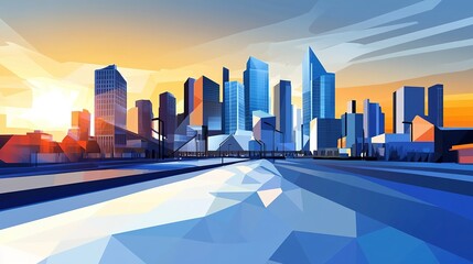 Vibrant geometric skyline of a city at sunset with a focus on modern architecture and colorful reflections