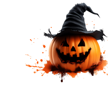 A grinning jack-o'-lantern wearing a witch's hat, surrounded by orange splatters.  Halloween themed image.