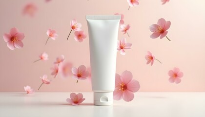 White tube Mockup, Mockup of toothpaste in a plain white tube in daylight, with floating pieces of cherry blossom leaves,