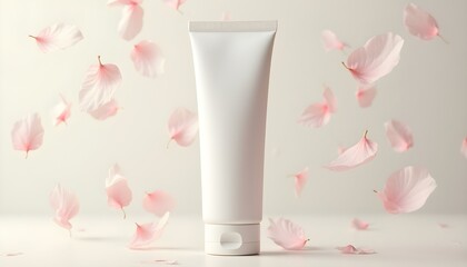 White tube Mockup, Mockup of toothpaste in a plain white tube in daylight, with floating pieces of cherry blossom leaves,