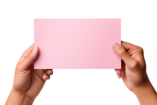 A human hand holding a pink paper isolated on clear white and transparent background