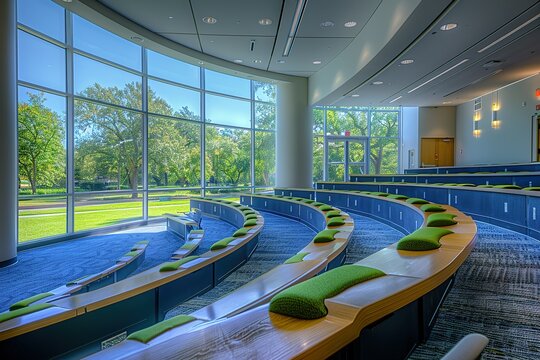 A large auditorium with rows of seats and a green carpet