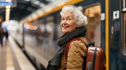 Senior woman getting ready to travel by train