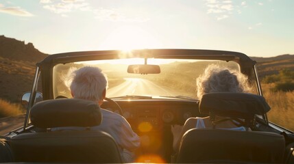 Senior couple in a car driving an empty road 