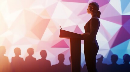 A woman delivers a speech at a colorful conference with an engaged audience during a professional event