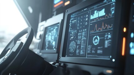 Obraz premium Control panel with data displays and steering wheel in a modern vehicle cockpit during daytime