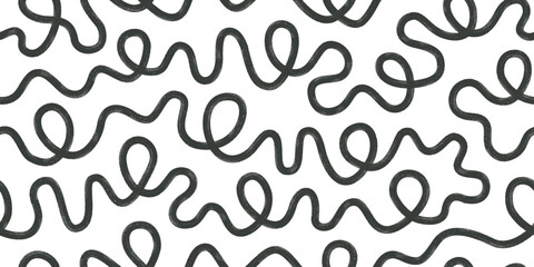 Bold line squiggles with circles abstract seamless pattern. Hand drawn organic curved black lines